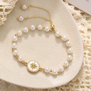 Chic Faux Pearl & Gold Tone Adjustable Pull Beaded Bracelet Star Talisman Rose